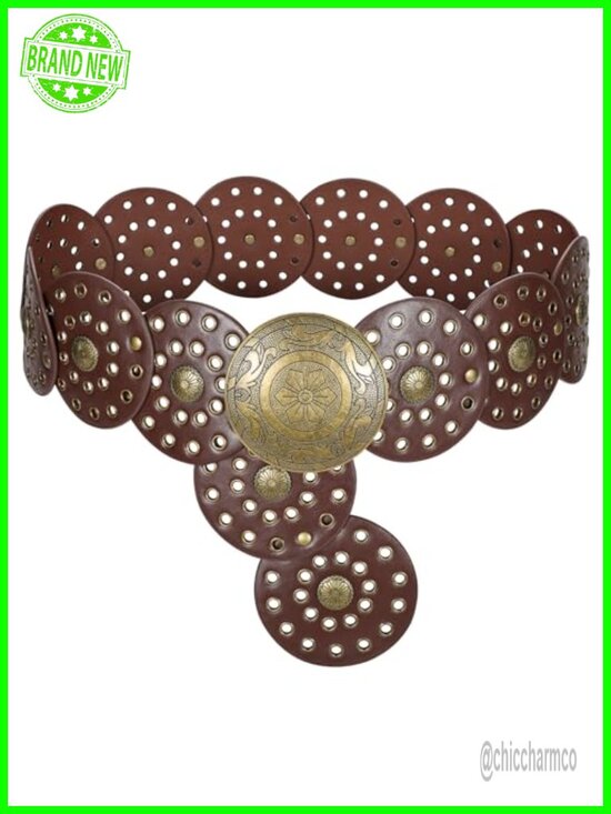 Wide Western Boho Disc Belt Faux Leather Waist Belt for Dress Jeans Festival